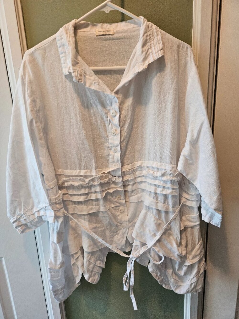 Krista Larson White Linen Blouse Top O/S One Size Lagenlook Casual Coastal